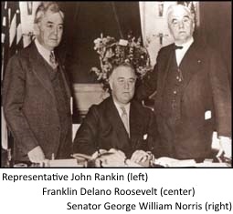Franklin Delano Roosevelt (Center) signs the Rural Electrification Act with Representative John Rankin (left) and Senator George William Norris (right)